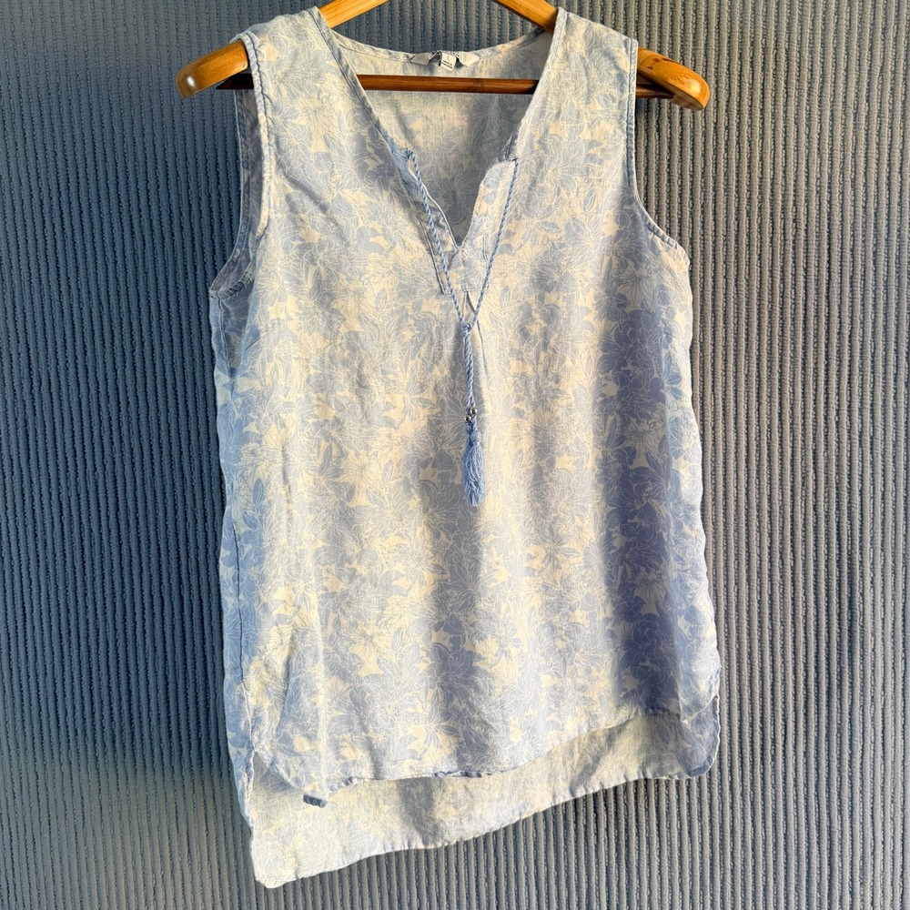 Ellen Tracy Linen Tank Top Summer Beach Blue Floral Large